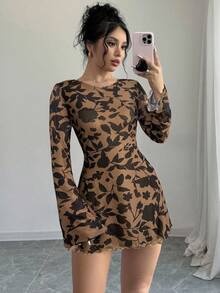 Firerie Women Floral Print Mini Tie-Back Long Sleeve Casual Short Dress