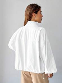 SHEIN EZwear Áo khoác nữ tay dài dệt cổ đứng màu trơn có khóa kéo Áo khoác nhẹ có khóa kéo Áo khoác Y2K cho mùa thu/đông - trắng - Xem 2