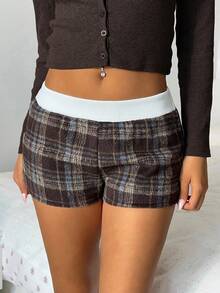 Aloruh Quần short ngắn 2 trong 1 họa tiết kẻ caro nâu Y2K thanh lịch gợi cảm dành cho nữ, thu/đông - Nhiều màu - Xem 1