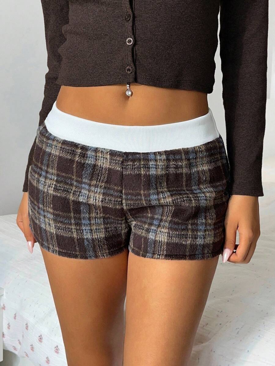 Aloruh Quần short ngắn 2 trong 1 họa tiết kẻ caro nâu Y2K thanh lịch gợi cảm dành cho nữ, thu/đông - Nhiều màu - Xem 1