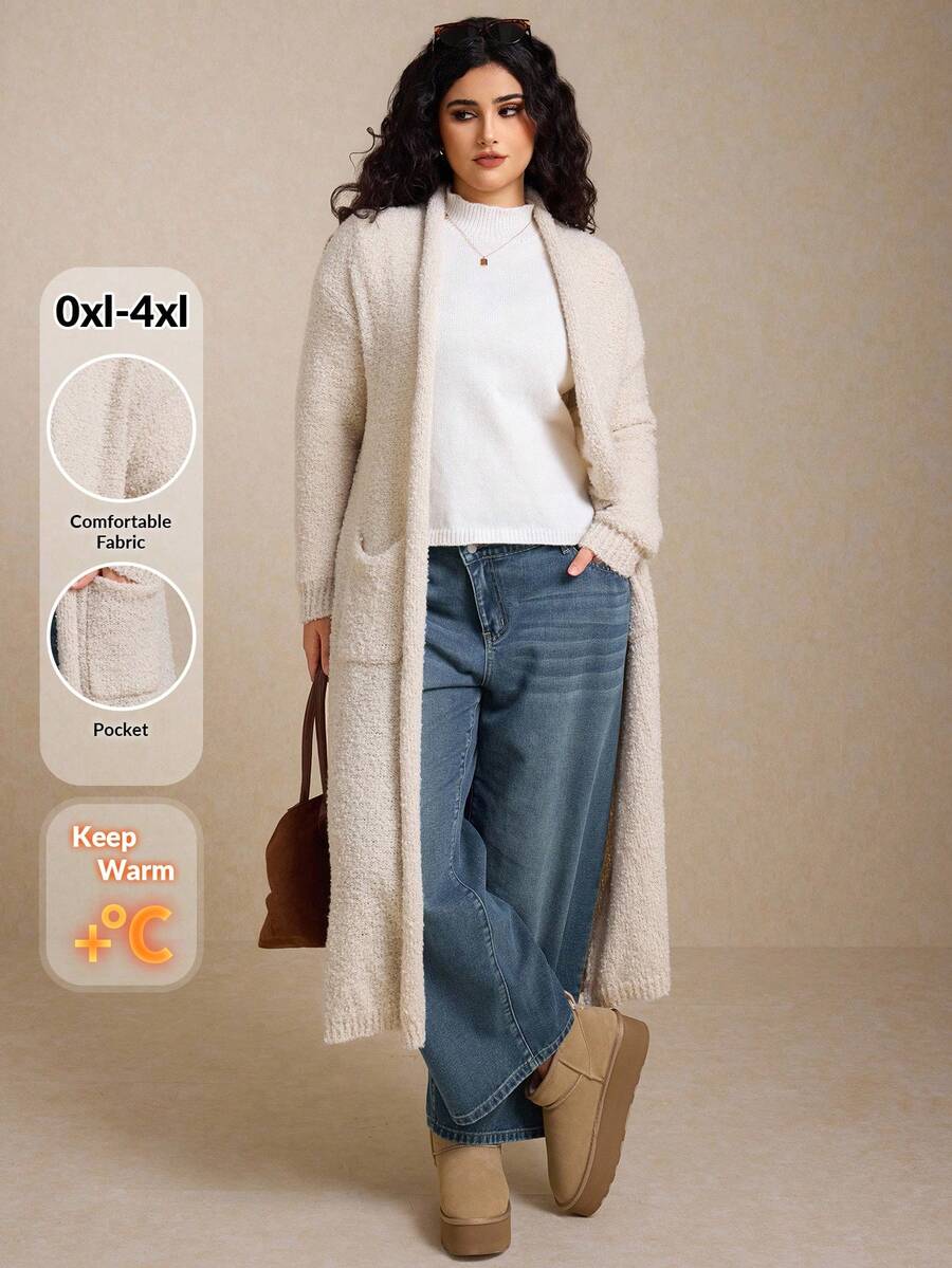 Elaquor Áo khoác len cardigan dài màu trơn cỡ lớn dành cho nữ, dày và ấm áp cho mùa thu/đông - Xám - Xem 1