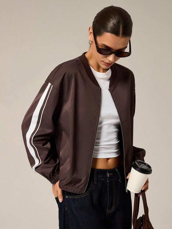 Hanevo Women's Casual Fashion Sporty Contrast Striped Side Zip-Up Lightweight Baseball Jacket, Spring/Autumn