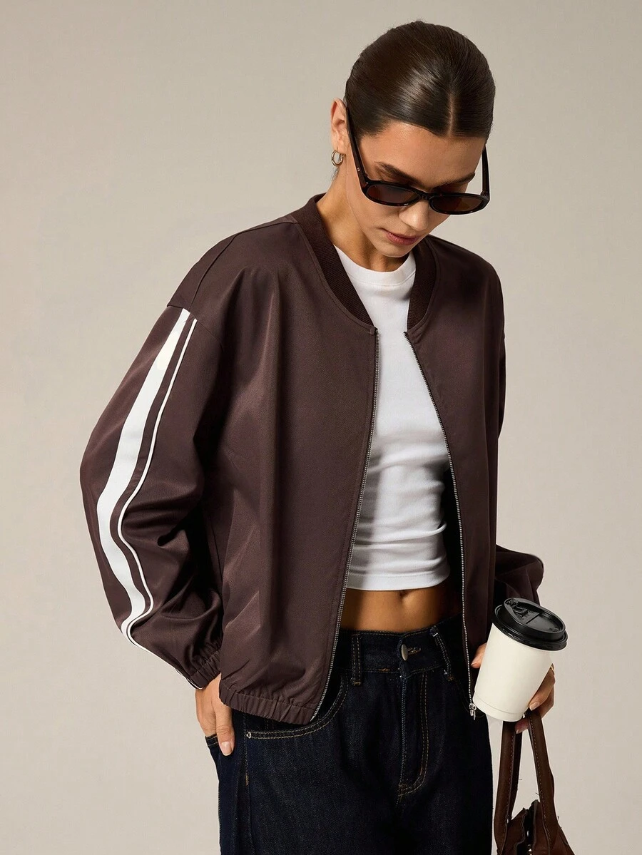 Hanevo Women's Casual Fashion Sporty Contrast Striped Side Zip-Up Lightweight Baseball Jacket, Spring/Autumn - Brown - View 1