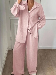 Livesso 西部风沙滩度假纯色仿牛仔亚麻宽松休闲两件套女装，春秋/冬季女士家居服套装 - 粉色 - 查看 3