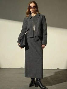 Aveloria Modichic 2pcs Women Dragon & Phoenix Decor Collar Pocket Long Skirt Set - Dark Grey - View 1