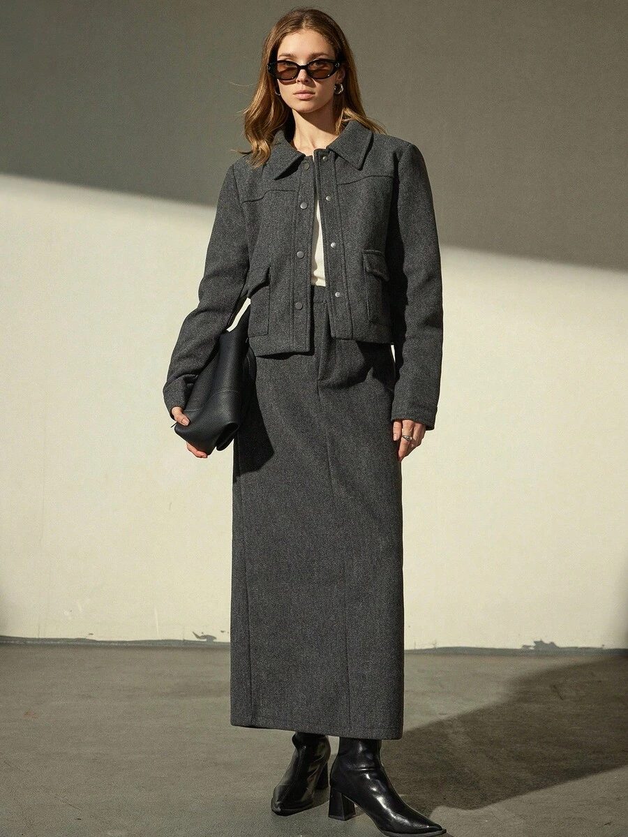 Aveloria Modichic 2pcs Women Dragon & Phoenix Decor Collar Pocket Long Skirt Set - Dark Grey - View 1