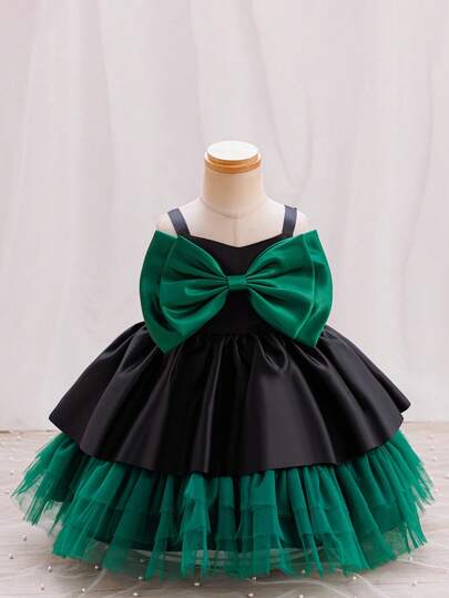 Glamorique Kids Halloween Kid Clothes Baby Girls' Party Dress, Basic Simple Sleeveless Strap Black & Green Color Block Bow Decor, Cosplay Witch Performance Outfit, Tulle Puff Skirt Dress Christmas Dress Bow Dress Baby Green Satin Tutu Dress Toddler Baby  Emerald Green Baby Girl Dress