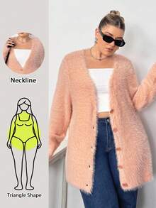 Truni Plus Size Women Pink Knitted Cardigan, Long Sleeve Long Style Knit Sweater Jacket In Fall/Winter, For Pear & Triangle Body Shape - Pink - View 9
