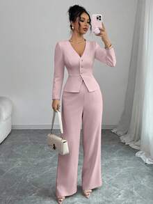 Elenzga 女士优雅长袖西装外套和裤子套装，商务/通勤风格，适合夏季、独立日、毕业典礼、返校 - 粉色 - 查看 1