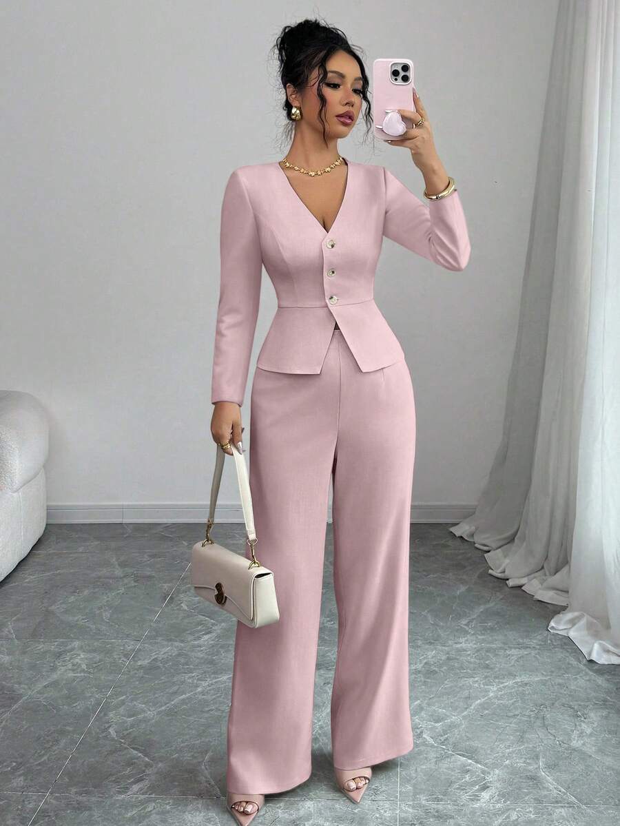 Elenzga 女士优雅长袖西装外套和裤子套装，商务/通勤风格，适合夏季、独立日、毕业典礼、返校 - 粉色 - 查看 1