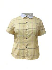 INAWLY Áo sơ mi kẻ caro tay ngắn, cài nút đơn giản cho nữ cỡ lớn - Nhiều màu - Xem 3