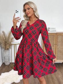 EMERY ROSE Váy dài vừa phải, tay bồng, cổ chữ V, họa tiết kẻ caro, viền bèo nhún dành cho nữ - Đỏ - Xem 7