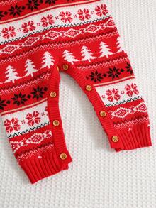 SHEIN 2pcs Baby Boy Red Thick Deer & Snowflake Pattern Loose Knit Jumpsuit With Jacquard Hat, Suitable For Christmas - Red - View 8