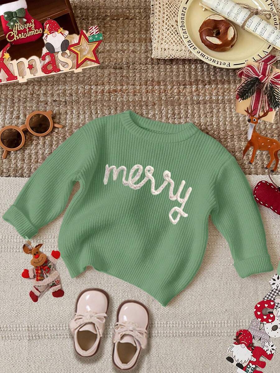 SHEIN Happikins Young Girl Casual Loose Fit Crew Neck Long Sleeve Sweater, Suitable For Autumn/Winter Fall - Green - View 1