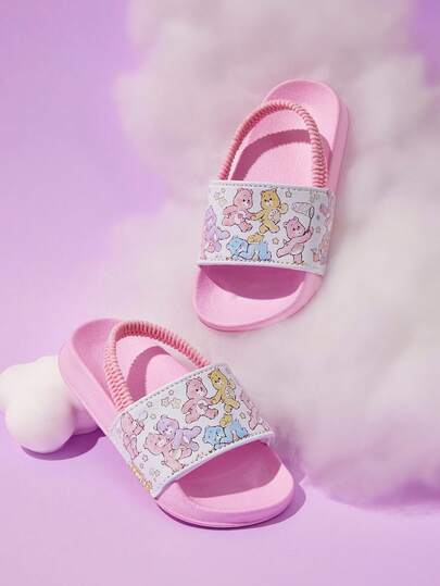 SHEIN X Care Bears 可爱卡通星星松紧带粉色女童彩虹儿童一脚蹬拖鞋幼儿和婴儿防滑速干淋浴拖鞋，轻便耐用的 EVA 材质，适合室内、游乐场、室内外