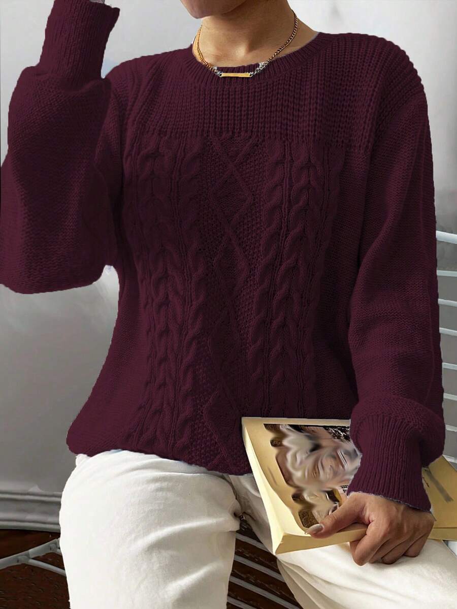 Elenzga Sweater Pullover Kasual Lengan Panjang Leher Bulat Bahu Longgar Motif Kabel Ukuran Besar untuk Wanita, Musim Gugur/Dingin - Burgundy - View 1