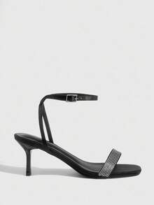 CUCCOO SZL Giày cao gót mũi nhọn bằng vải satin đen đính đá lấp lánh màu bạc, thời trang gợi cảm thanh lịch cho tiệc tùng và hộp đêm - màu đen - Xem 3