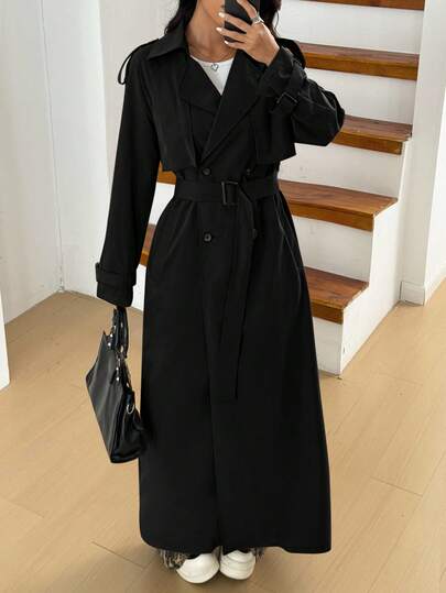 SHEIN EZwear Women's Black Woven Long Casual Windbreaker In Fall/Winter Long Black Trench Coat With Belt Black Belted Coat Women Long Black Coat Belted Trench Coat Women Black Elegant Coat