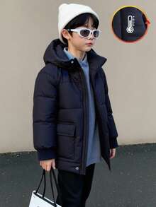 1 件年轻男孩冬季新款 2025 海军蓝插肩袖连帽前拉链口袋开衫夹克，时尚酷炫冬季外套 - 寶藍色 - 查看 3