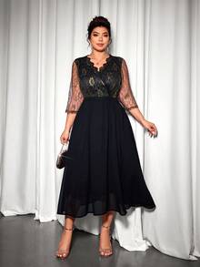 Cravure Plus Size Shallow Gold Lace Collar Floral Chiffon Patchwork Dress