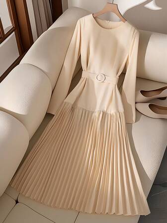 Franclia Women's Simple And Fashionable Apricot Autumn Round Neck Long Sleeve Temperament High-End Hem Pleated Skirt Pleated Decoration Belt Waist Slimming Women's Dresswinter Dress Women Fall Dresses For Women Wedding Guest Dress Casual Dresses For Women Luxury Evening Dresses For Women Vestidowinter Winter Clothes Winter Clothes For Women Women's Winter Clothes  Fall Clothes For Women Autumn Fall Autumn Clothes Fall Outfits For Women New Year New Year Outfit New Year Women Thanksgiving Party Wedding Elegant  Casual Luxury Elegant Fashionable Casual Commuting Business Office Daily Leisure All-Match Temperament Urban Teacher Professional Attire