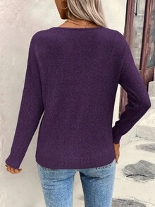 EMERY ROSE 女士宽松休闲镂空几何纹理V领毛衣 - 紫色 - 查看 2