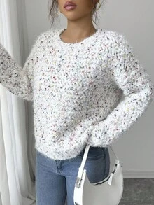 Elenzga 女士优雅波尔卡圆点圆领长袖百搭毛衣，适合多种场合和季节，秋冬季 - 杏色 - 查看 5