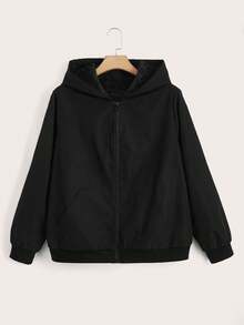 SHEIN EZwear Plus Size Solid Color Hooded Casual Zip-Up Jacket, Versatile/ Winter - Multicolor - View 4