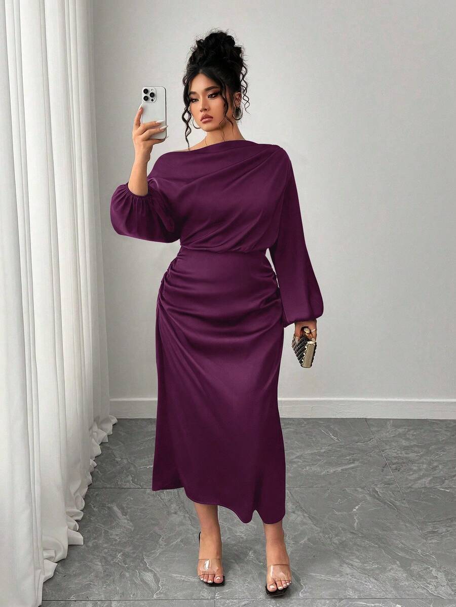 SHEIN Elenzya Plus Size Women Satin Asymmetric Ruffled Cold Shoulder Bodycon A-Line Dress - Purple - View 1