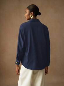 Vesra 女士优雅纯色花卉纽扣衬衫 - 藏蓝色 - 查看 2