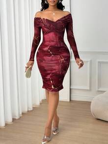 SHEIN Lady Marble Print Off Shoulder Wrap Dress - Burgundy - View 6