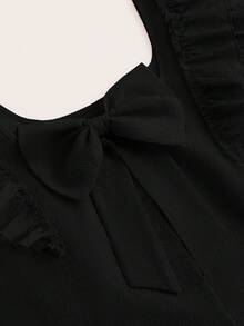 SHEIN Clasi 加大码女式夏季方领双层荷叶袖后背蝴蝶结装饰上衣 - 黑色 - 查看 7