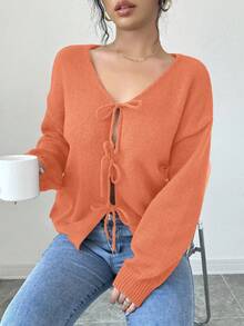 Selianne Áo cánh dài tay buộc dây phía trước màu trơn dành cho nữ, thiết kế đơn giản để mặc hàng ngày, áo khoác cardigan dáng ngắn màu đen, áo khoác cardigan nơ cho bé gái, áo khoác cardigan dáng ngắn màu đen - trái cam - Xem 5