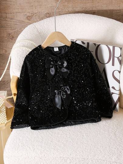 Elladie kids Girl's Round Neck Gorgeous And Elegant Black Sequin Bow Decoration Fashionable Short Jacket, Suitable For Autumn And Winter Gatherings, Schools, And Outings Fall