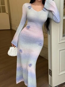 Feyla 女士花卉渐变色V领优雅毛衣裙 - 紫色 - 查看 5