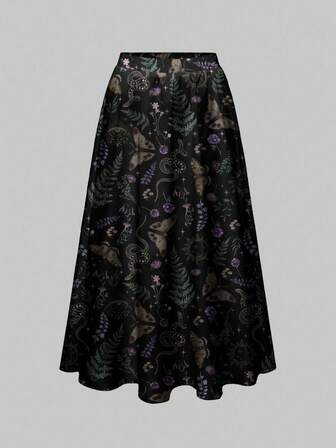 Goth Falda con estampado de bruja gótica, misterioso, de talla grande, con hojas, plantas, mariposas, serpientes, sol, luna y estrellas