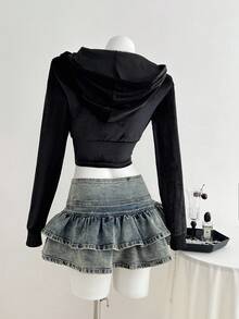 SHEIN Unity Áo khoác nhung trùm đầu eo bó sát tay dài cho nữ, Thu/Đông - màu đen - Xem 2