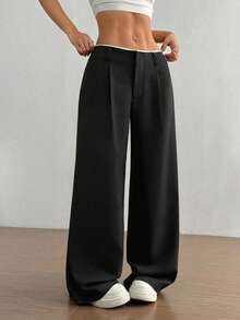 SHEIN Unity 女士百搭腰部拼接高端设计侧袋修身直筒黑色长裤，适合日常、上学、办公和商务场合穿着。 - 黑色 - 查看 4