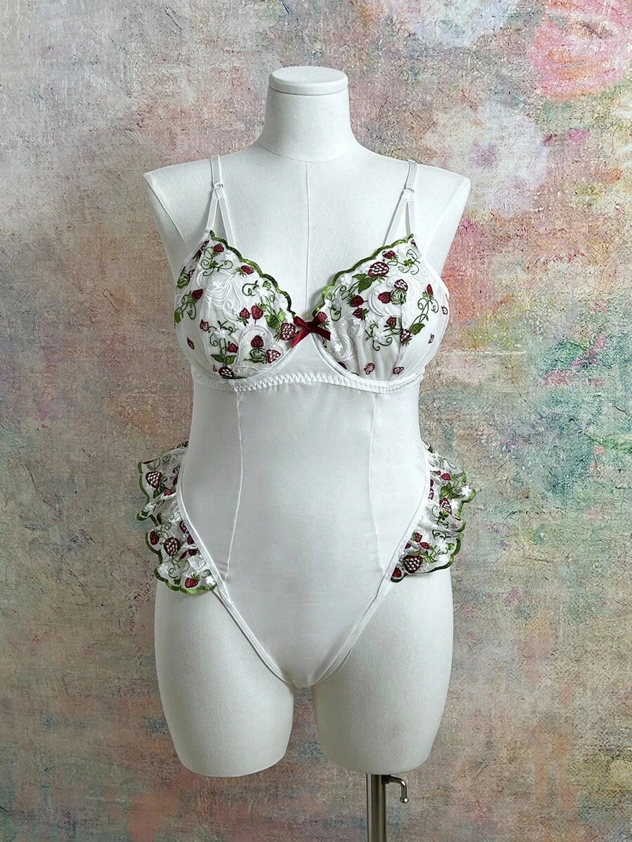 Plus Size Women Strawberry Embroidery Mesh Bow Decor Sexy Camisole Bodysuit Lingerie  Cozy And Elegant Details - White - View 1