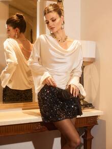 Poéselle Women's Elegant Cream White Satin Blouse,Summer Party Top With Pearl Chain,Draped Cowl Open-Back Silk Look,Backless Loose Versatile Evening Blouse - Apricot - View 5