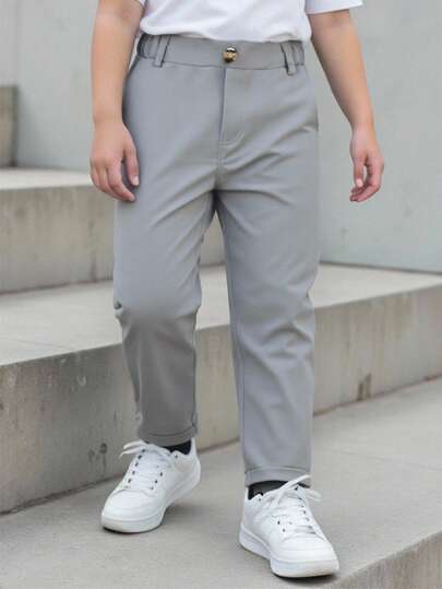 Souflis Souflis Young Boy Casual Solid Color Pants, Single Button Decor, Slant Pocket, Elastic Waist Design, Comfortable For Daily Wear, Travel, Party, Festivals, Versatile & Fashionable,Holiday,Summer,Travel