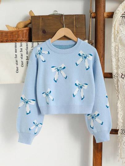 Sparklyn Girls' Fashionable Bow Pattern Jacquard Knit Pullover Sweater, Long Sleeve Blue Sweater With Bows Tween Girl Clothes Sweater Sweater For Girls Sweater For Tweens Girls Bow Sweater Fall Winter Girls Cropped Sweater Blue And White Sweater Teen