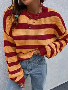 Chiquease Women's Casual Loose Fit Red Striped Round Neck Drop Shoulder Long Sleeve Sweater,Autumn Back-To-School School Fall Winter Striped Sweater - Multicolor - View 7