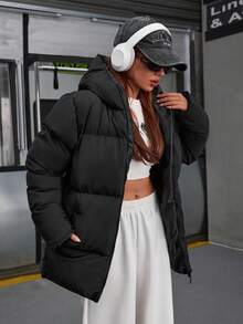 EURMUSE Einfarbiger, reißverschlussbestückter, gepolsterter Mantel mit Kapuze und langen Ärmeln, Winter - Schwarz - Übersicht 7