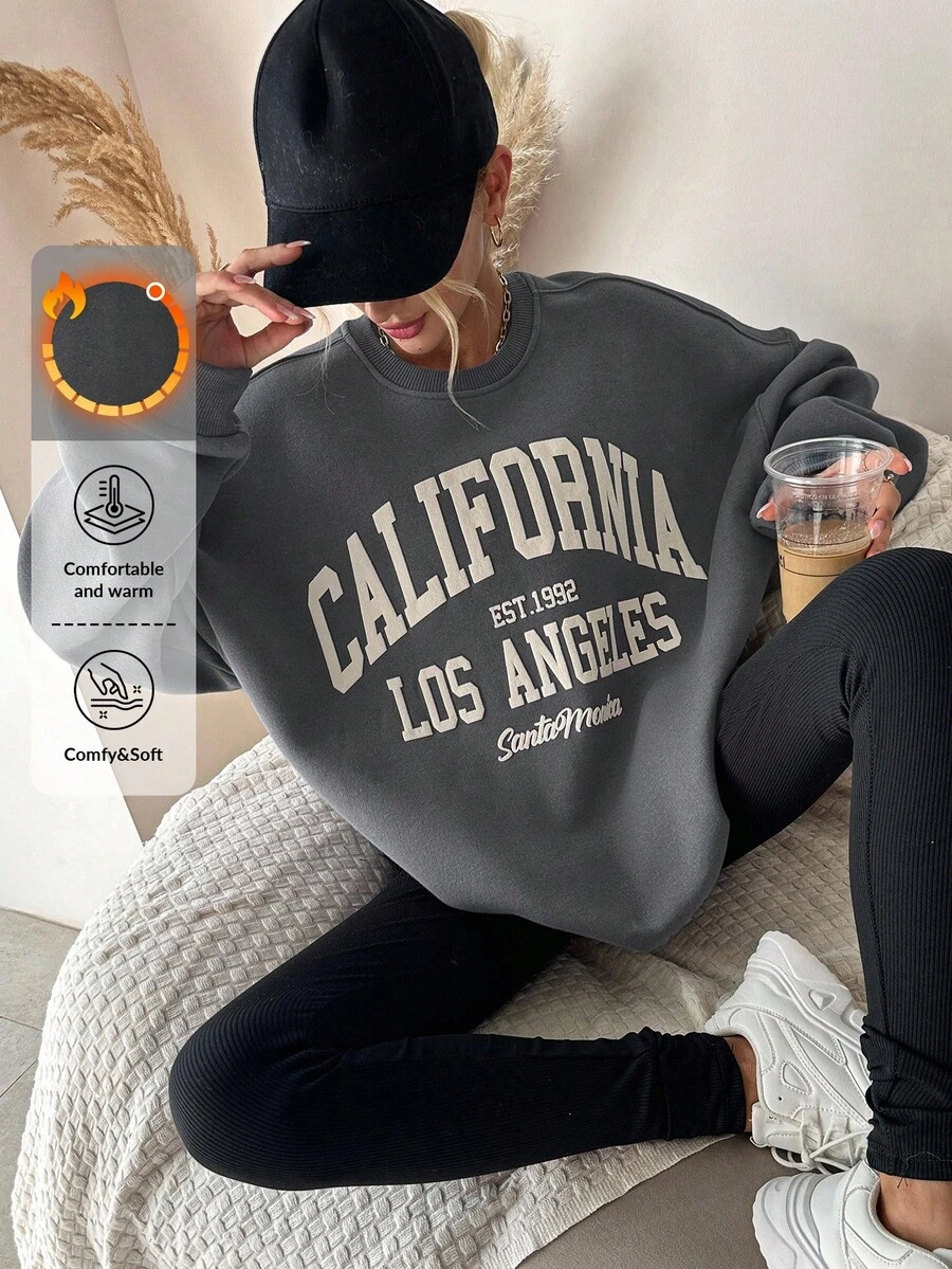 SHEIN Tall Women Letter Graphic Drop Shoulder Thermal Lined Sweatshirt - Grey - View 1