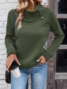 EMERY ROSE 女式纯色半高领纽扣装饰长袖羊毛衫 - 軍綠色 - 查看 4