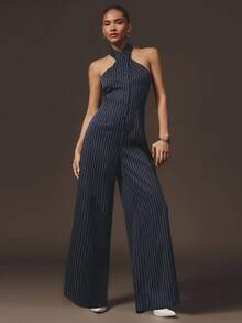 Hauture Formal Old Money Business Office Striped Backless Halter Jumpsuit - Blue and White - View 2