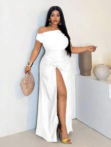 Maweii Plus Size Women's Asymmetric Neck Split Twist Dress - White - View 3