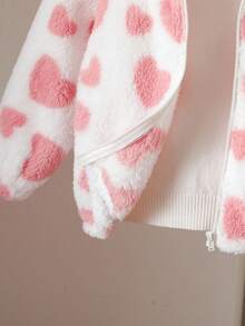 SHEIN 少女可爱毛绒心形图案夹克，秋冬 - 白色 - 查看 5