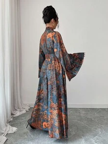 Elenzga Women's Crossed Wrap Flare Sleeve Ruffle Hem Long Allover Print Dress - Multicolor - View 3